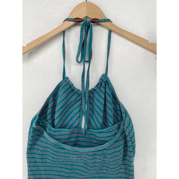 FREE PEOPLE Dress L Terra Ribbed Jersey Halter Striped Cutout Maxi Blue - Picture 8 of 16